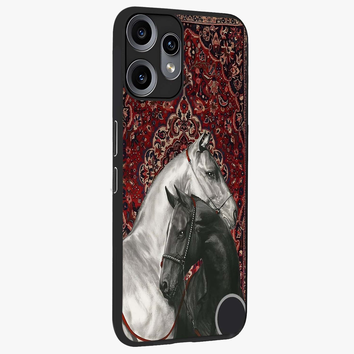 Regal Stallion Tapestry Glass Case upright view showcasing powerful horse artwork with elegant tapestry theme.