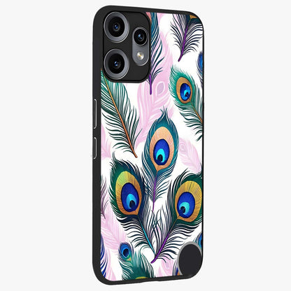 Royal Peacock Feathers Glass Case upright view showcasing elegant peacock feather artwork with decorative royal theme.