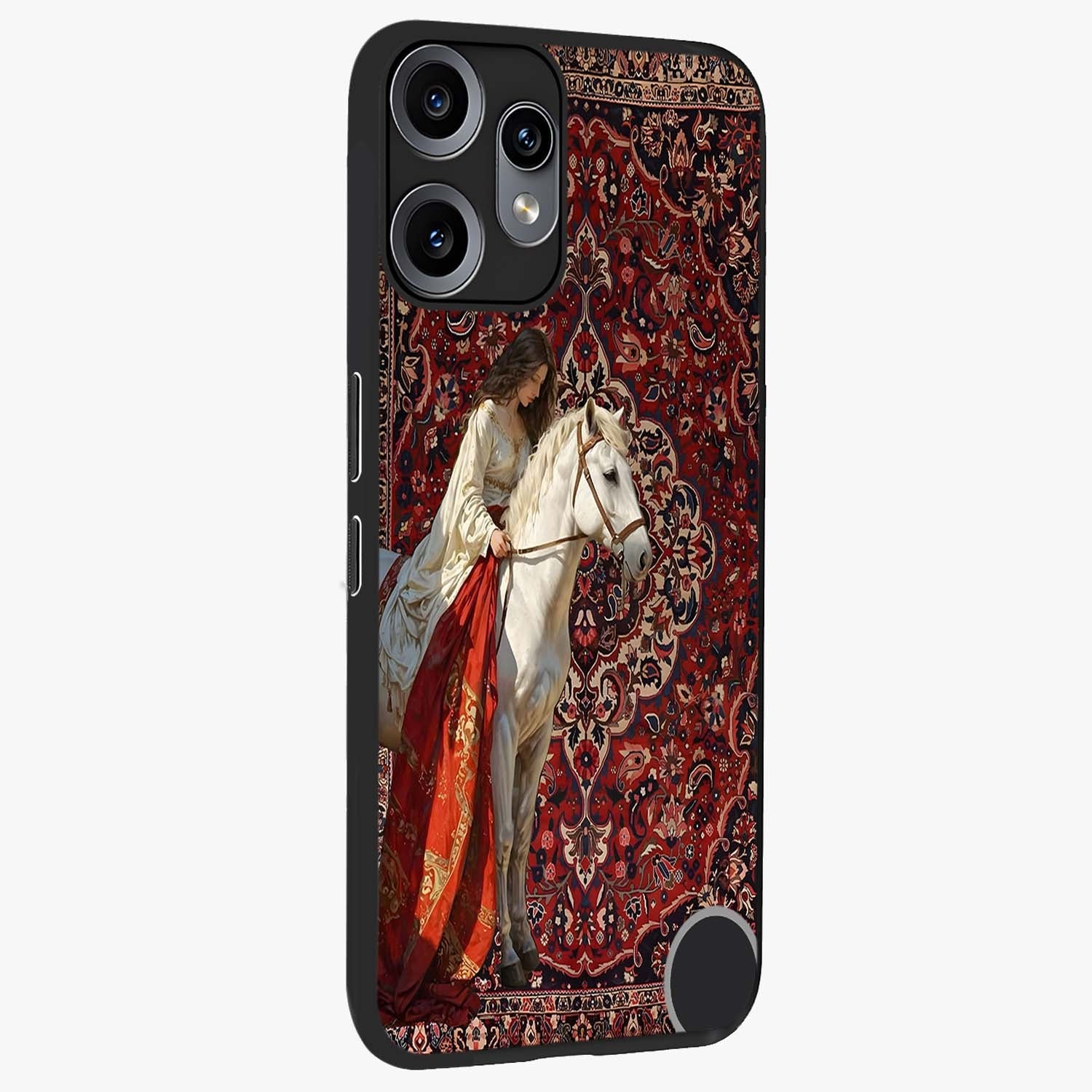 Royal Rider Tapestry Glass Case upright view showcasing detailed rider artwork with classic tapestry theme.