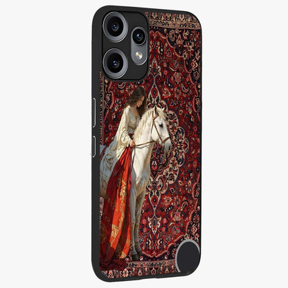 Royal Rider Tapestry Glass Case upright view showcasing detailed rider artwork with classic tapestry theme.