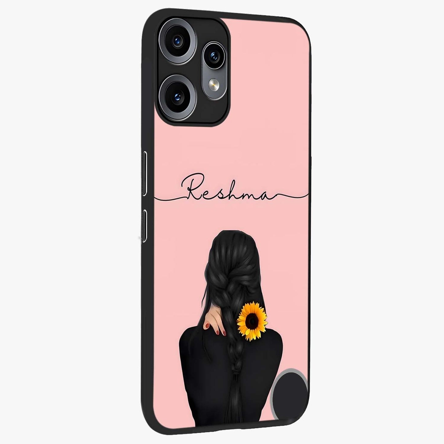 Sunflower Braid Beauty With Custom Name Glass Case upright view showcasing bright sunflower artwork with personalized floral aesthetic.