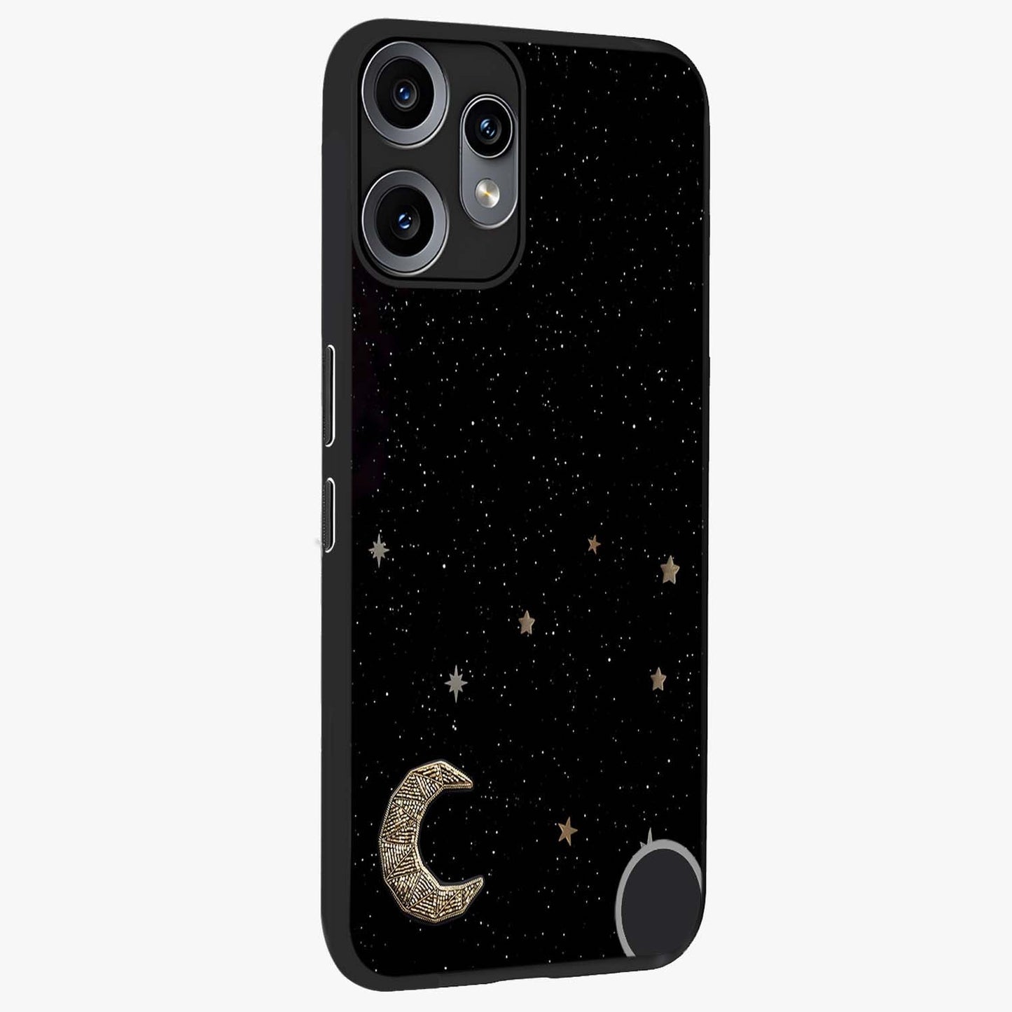 Twinkle Star With Half Moon Glass Case upright view showcasing glowing cosmic artwork with dreamy night theme.