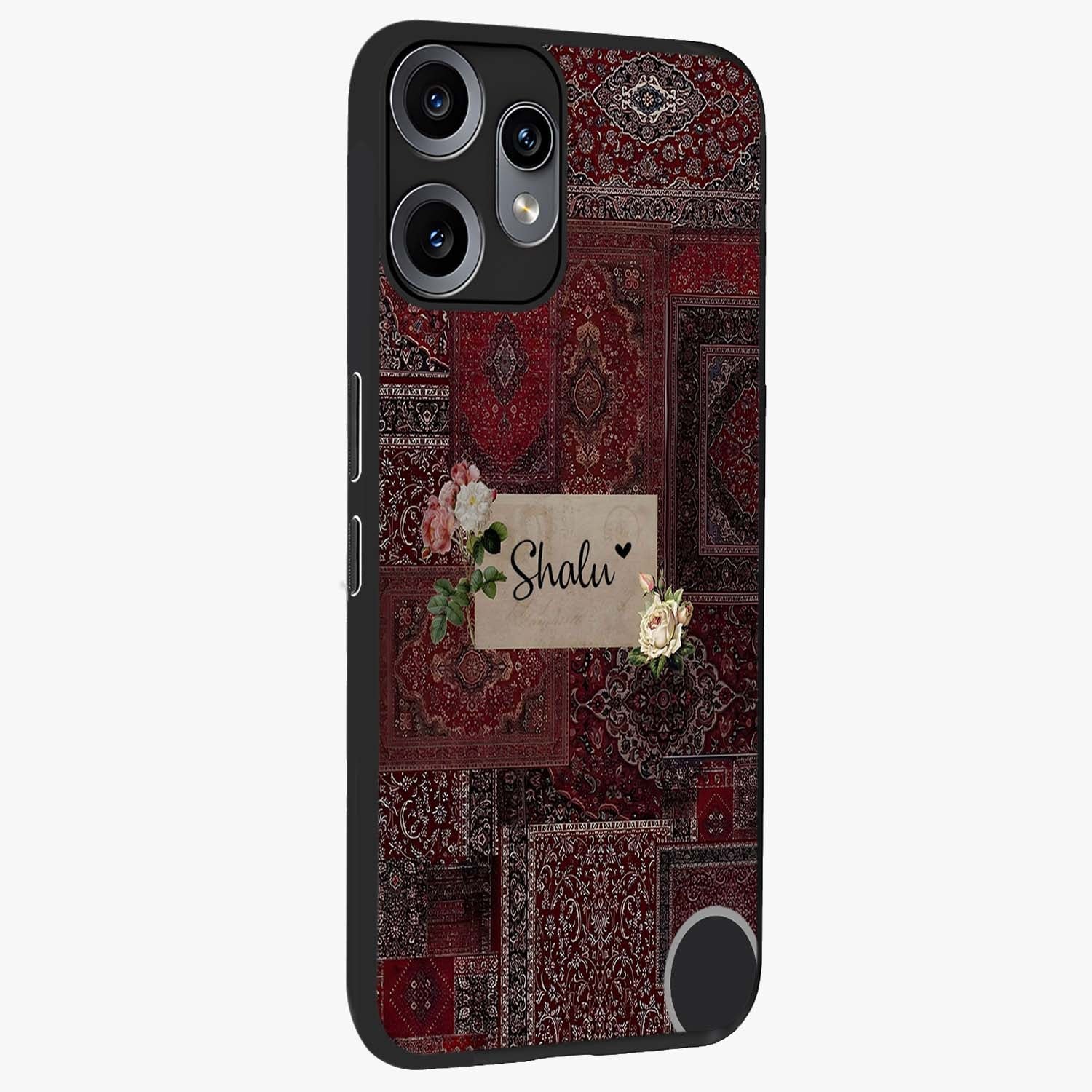 Velvet Wine Pattern Custom Name Glass Case upright view showcasing luxurious wine toned artwork with personalized aesthetic.