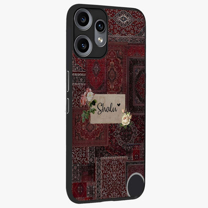 Velvet Wine Pattern Custom Name Glass Case upright view showcasing luxurious wine toned artwork with personalized aesthetic.