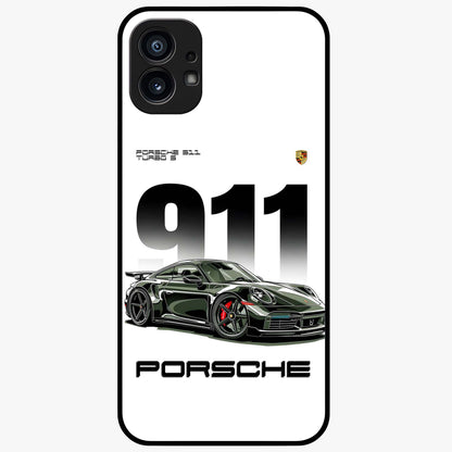 911 Turbo Dominance Glass Case showing clean flat back view with bold 911 sports car artwork and glossy glass finish.