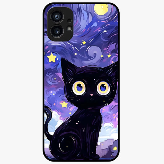 Abstract Cat Art Glass Case showing flat back view with artistic cat illustration and glossy glass finish.