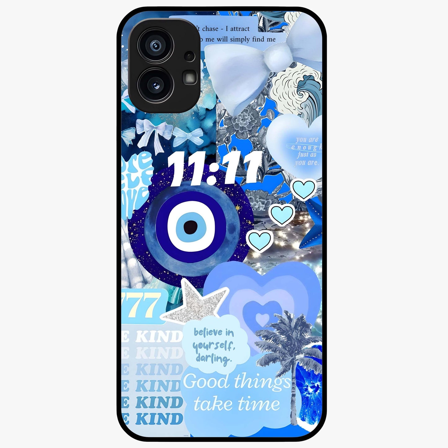 Aesthetic Be Kind Eye Glass Case showing flat back view with motivational eye artwork and glossy glass finish.