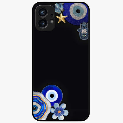 Aesthetic Blue Evil Eye Glass Case showing flat back view with protective evil eye artwork and glossy glass finish.