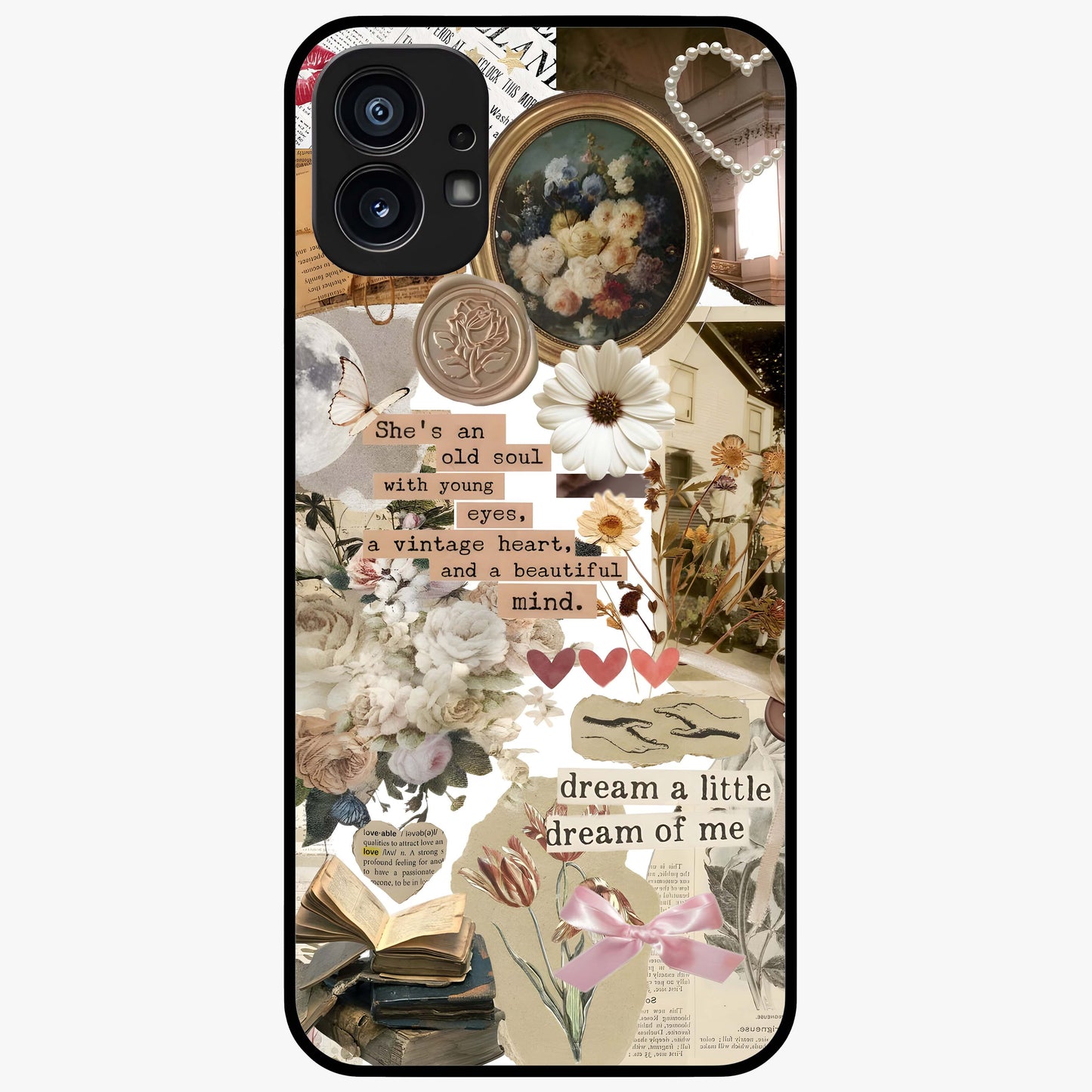 Aesthetic Brown Vintage Collage Glass Case showing flat back view with retro collage artwork and glossy glass finish.