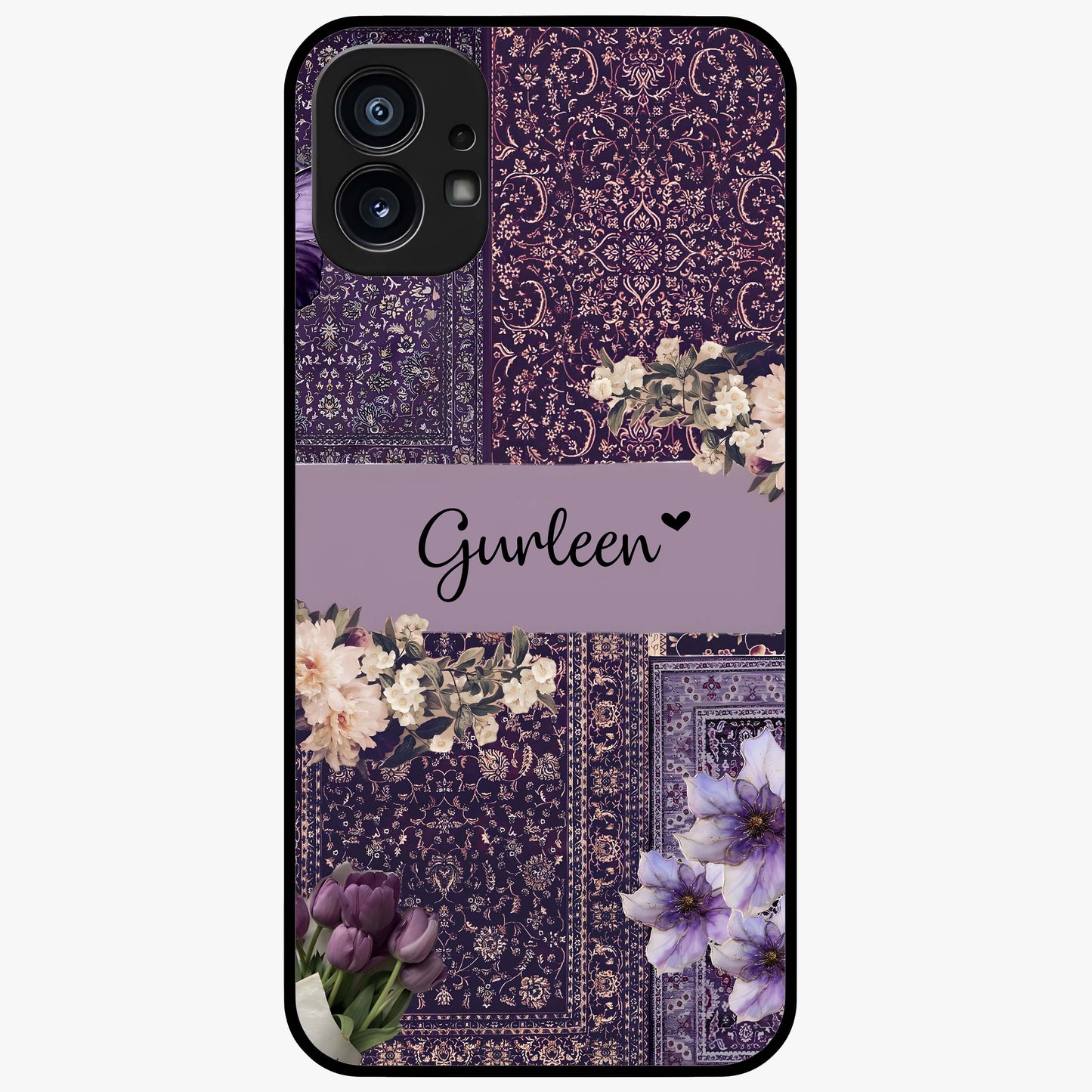 Antique Floral Whisper Custom Name Glass Case showing flat back view with vintage floral artwork and personalized name design.