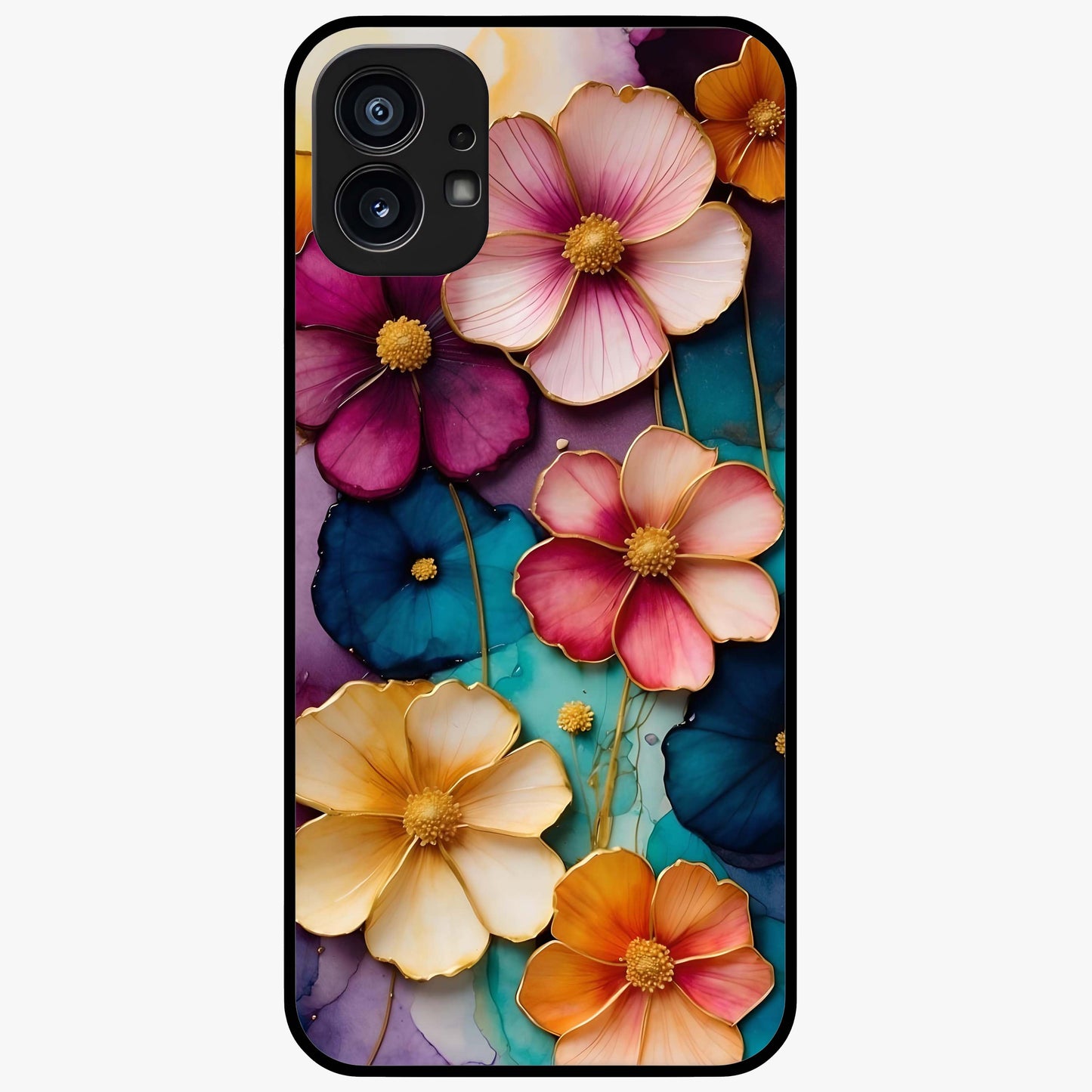 Artlyn Grace Flower Pattern Glass Case showing flat back view with elegant floral pattern artwork and glossy glass finish.