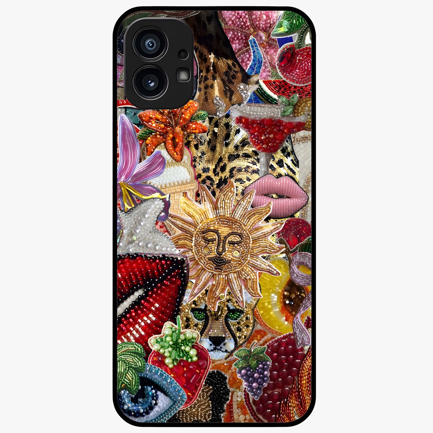 Beaded Fashion Jungle Glass Case showing flat back view with vibrant jungle inspired bead artwork and glossy glass finish.