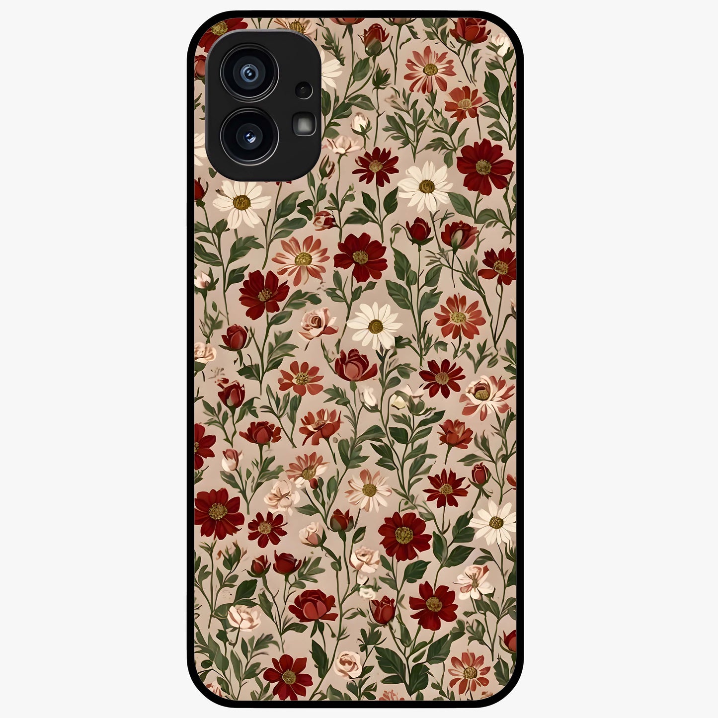 Biege Flower With Leaf Glass Case showing flat back view with soft beige floral artwork and glossy glass finish.