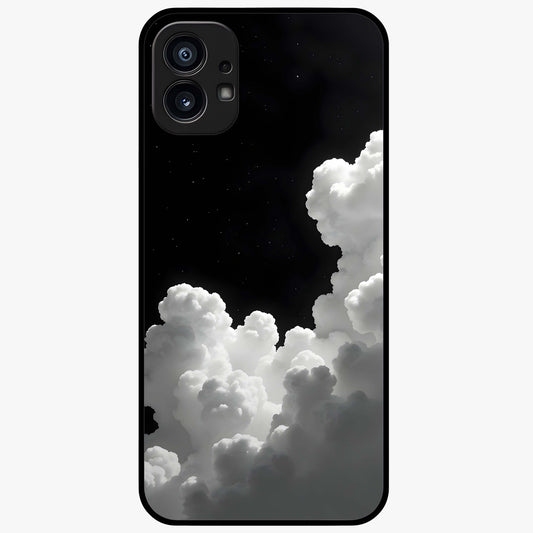Black Background With White Cloud Glass Case showing flat back view with minimal cloud artwork on dark background and glossy glass finish.
