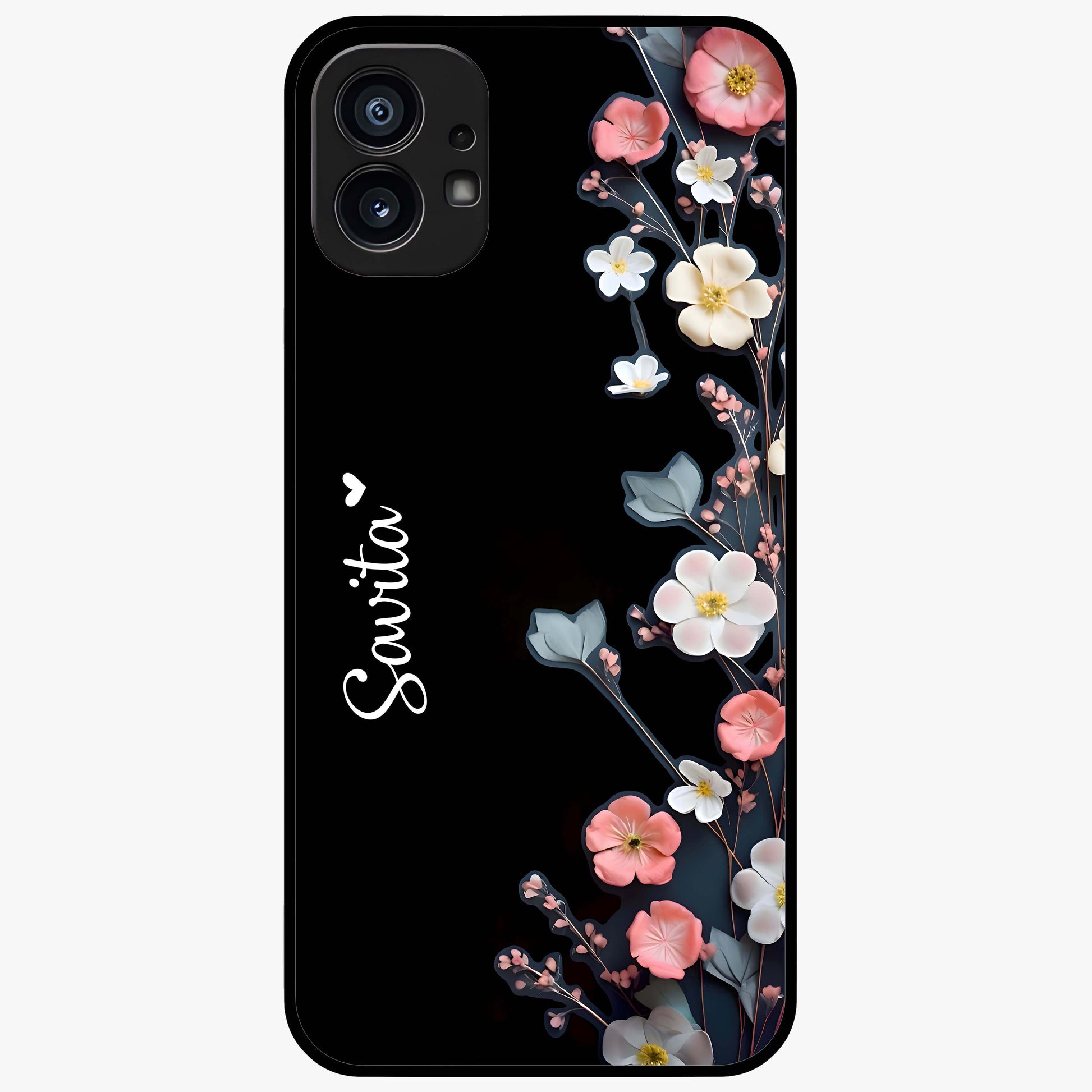 Black Elegance Floral Custom Name Glass Case showing flat back view with elegant floral artwork and personalized name design.