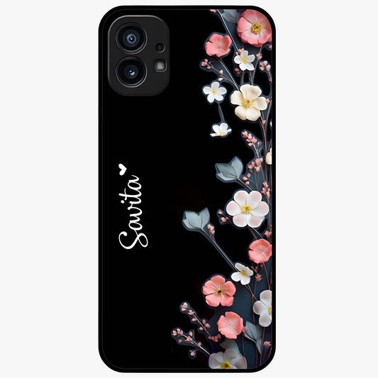 Black Elegance Floral Custom Name Glass Case showing flat back view with elegant floral artwork and personalized name design.