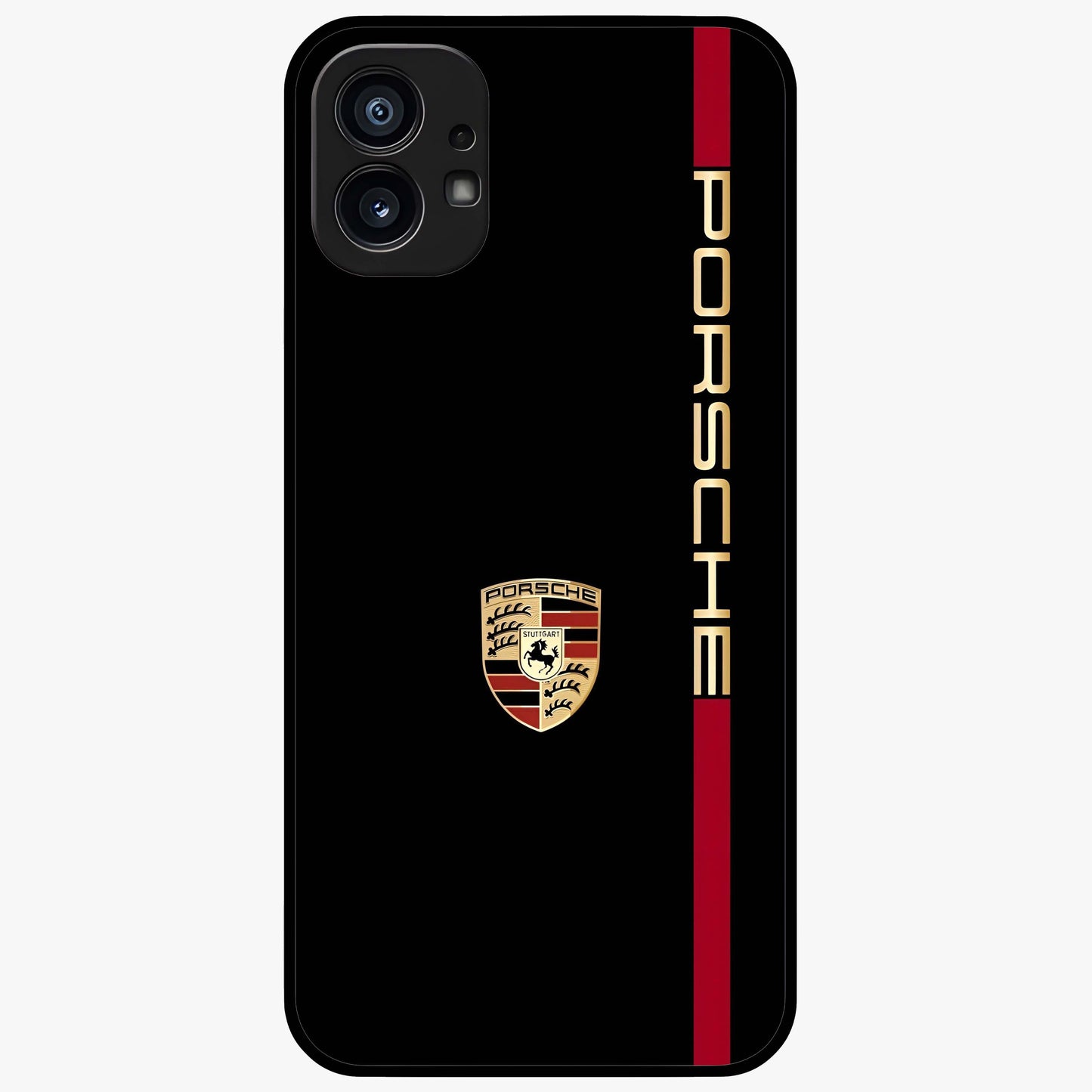 Black Minimal Porsche Glass Case showing flat back view with sleek minimal sports car artwork and glossy glass finish.