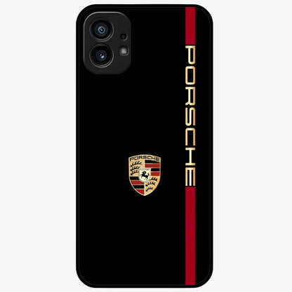 Black Minimal Porsche Glass Case showing flat back view with sleek minimal sports car artwork and glossy glass finish.