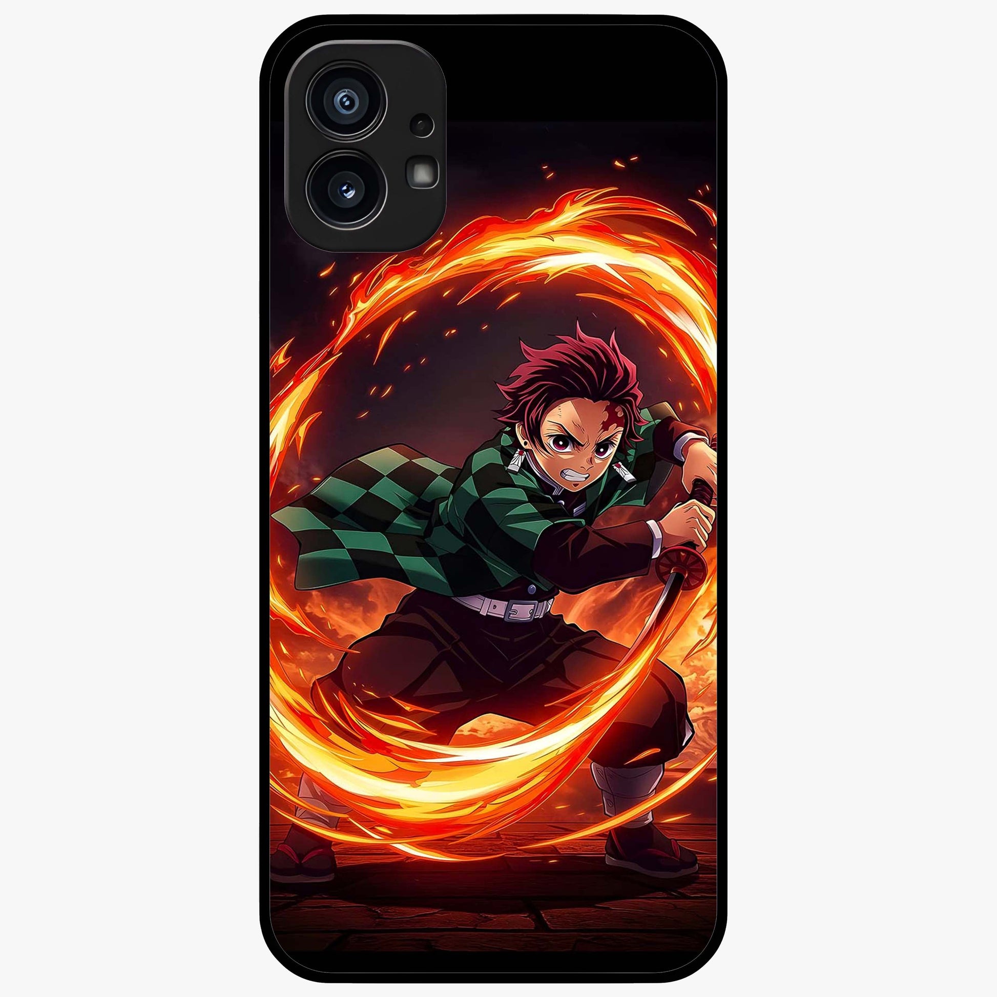 Blazing Sword Resolve Glass Case showing flat back view with fiery sword artwork and glossy glass finish.