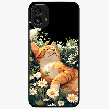 Blissful Bloom Cat Glass Case showing flat back view with cute cat and floral bloom artwork and glossy glass finish.