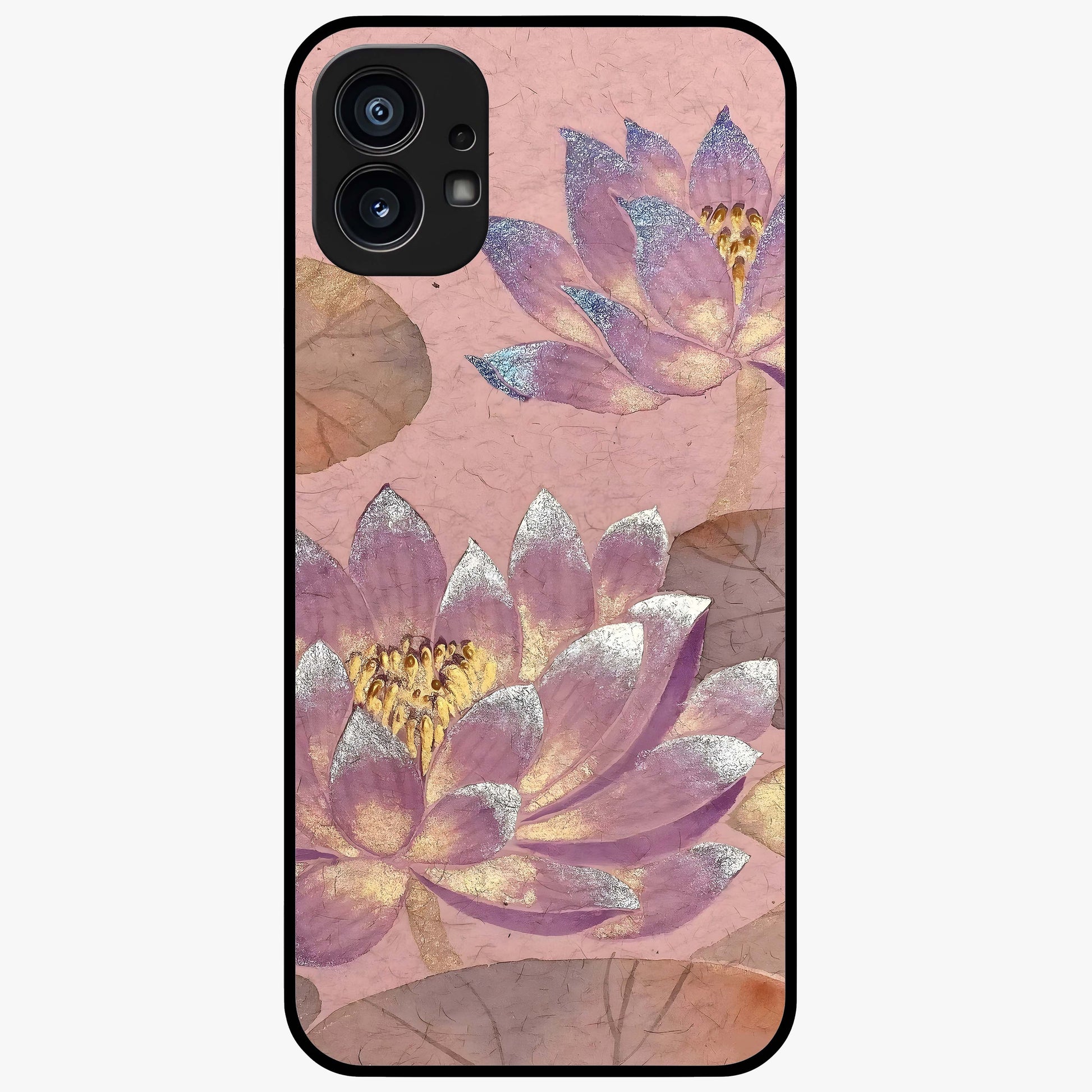 Blossom Mist Lotus Glass Case showing flat back view with serene lotus blossom artwork and glossy glass finish.