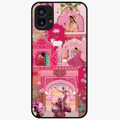Blossoms of Rajasthan Glass Case showing flat back view with traditional floral artwork inspired by Rajasthan and glossy glass finish.