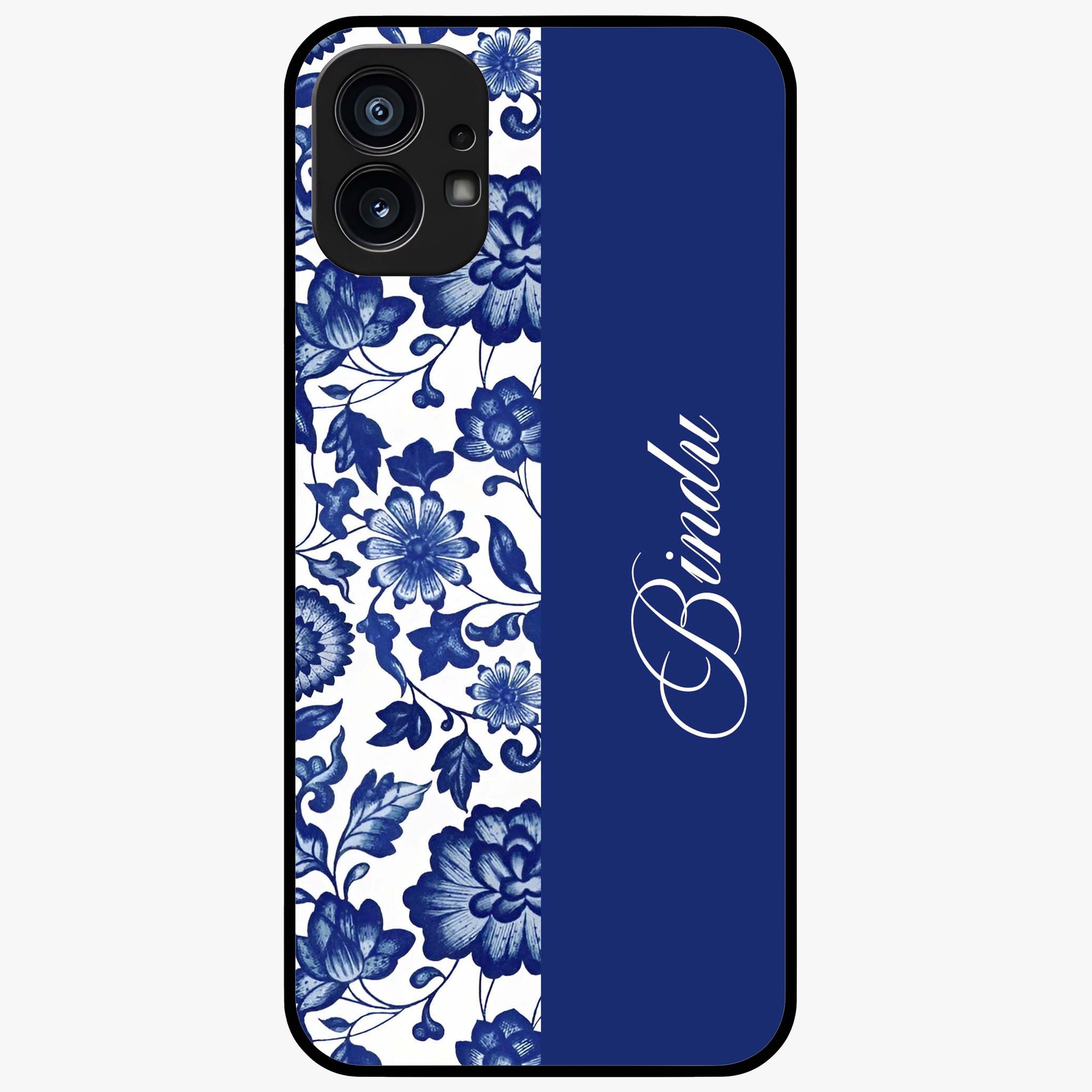 Blue Vintage Floral Pattern Glass Case upright view showcasing timeless floral illustration with vintage inspired style.