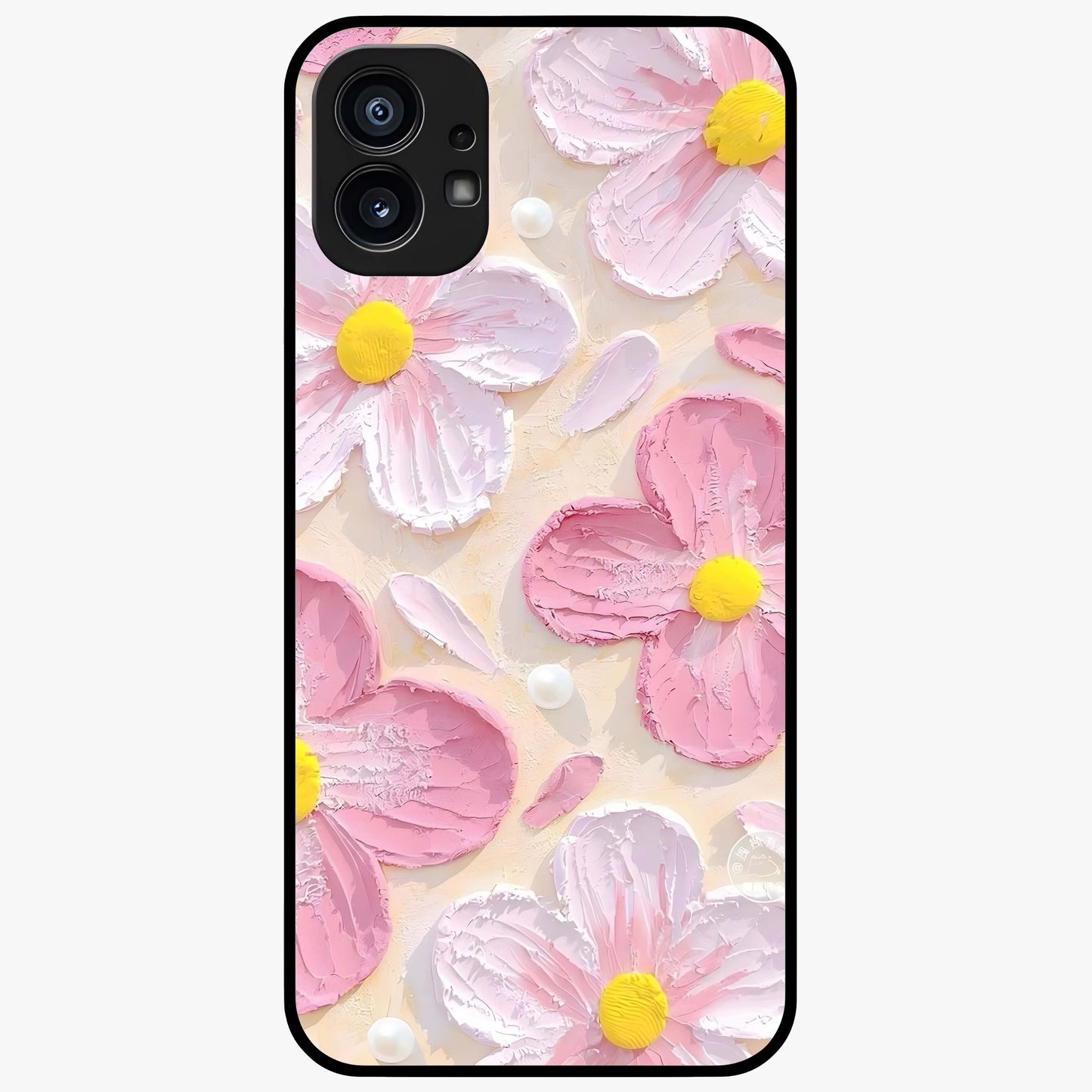 Blush Bloom Texture Glass Case showing flat back view with soft blush floral texture artwork and glossy glass finish.