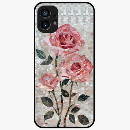 Blush Mosaic Bloom Glass Case showing flat back view with mosaic floral bloom artwork and glossy glass finish.
