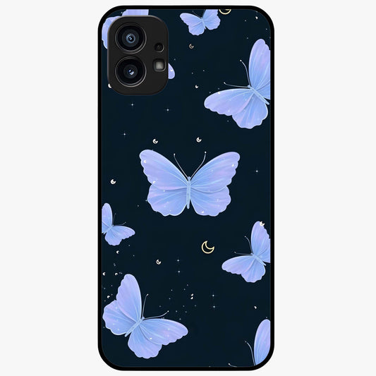 Butterfly With Stars Pattern Glass Case showing flat back view with butterfly and star pattern artwork and glossy glass finish.
