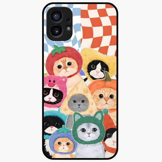 Cats in Fruits Glass Case showing flat back view with playful cat illustrations inside fruit artwork and glossy glass finish.