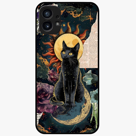 Celestial Black Cat Glass Case showing flat back view with mystical black cat artwork and glossy glass finish.