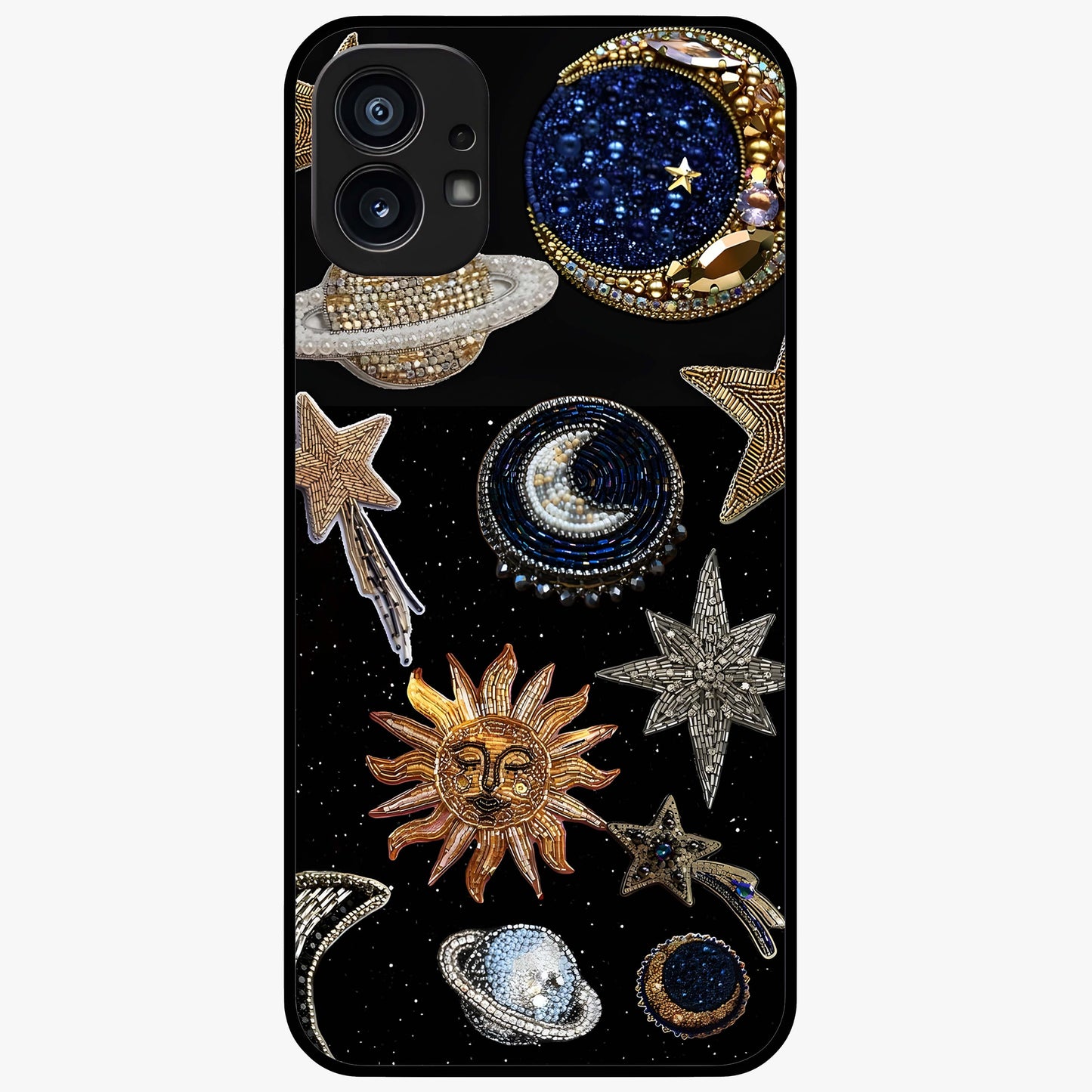 Celestial Gem Constellations Glass Case showing flat back view with sparkling constellation artwork and glossy glass finish.