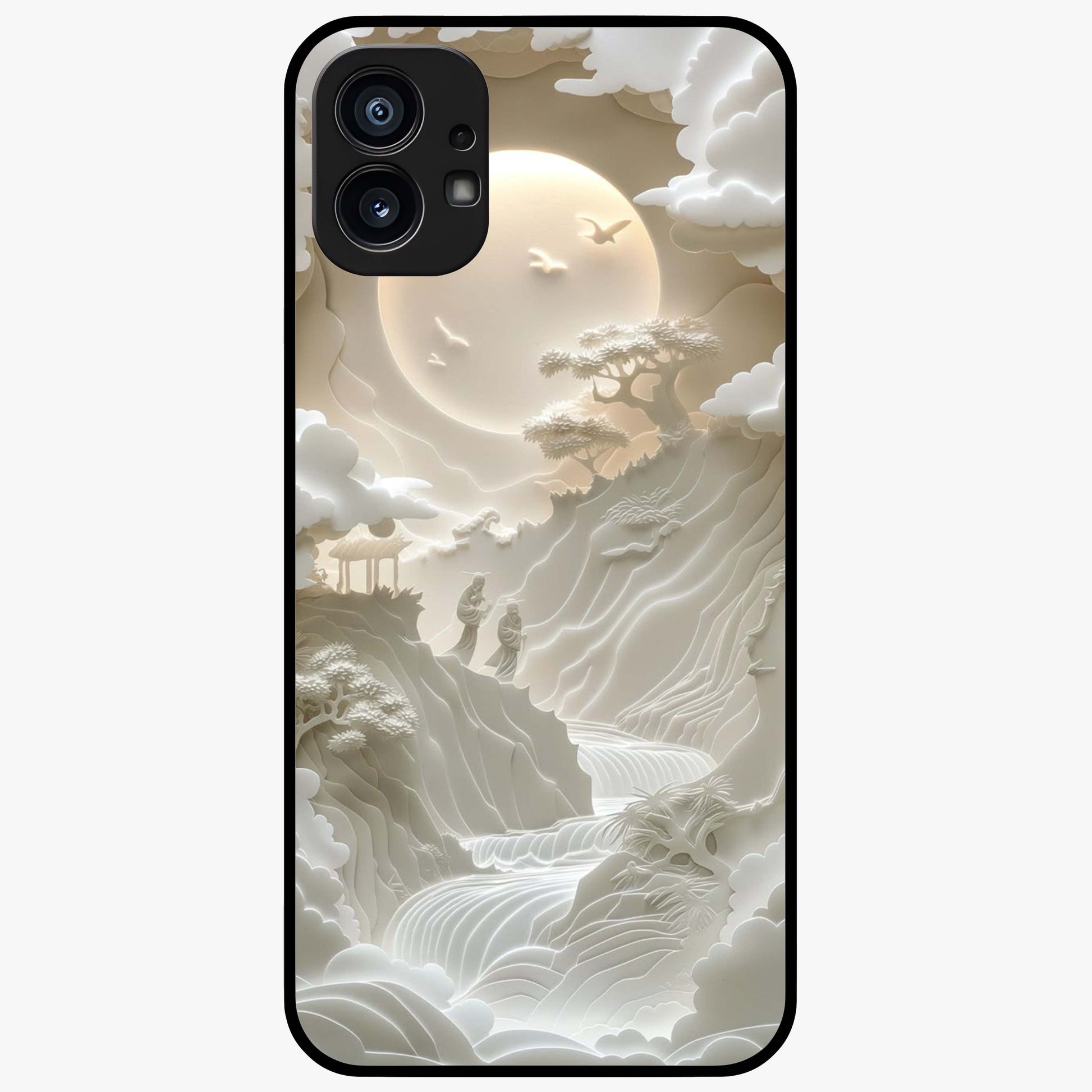 Celestial Origami Glass Case showing flat back view with artistic origami inspired celestial artwork and glossy glass finish.
