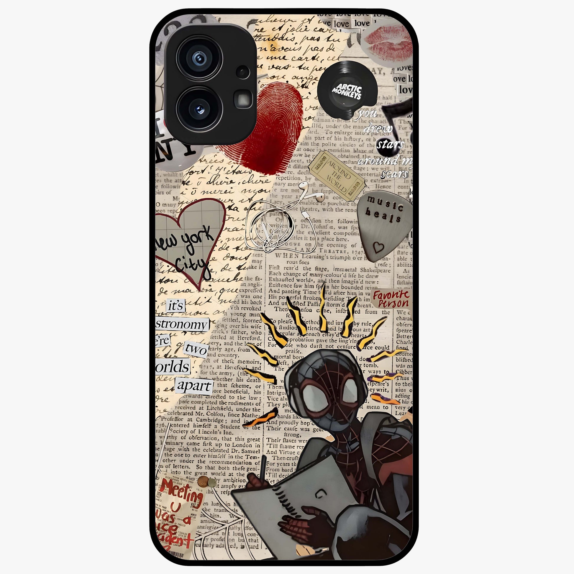 City Dream Sketch Glass Case showing flat back view with artistic city skyline sketch artwork and glossy glass finish.