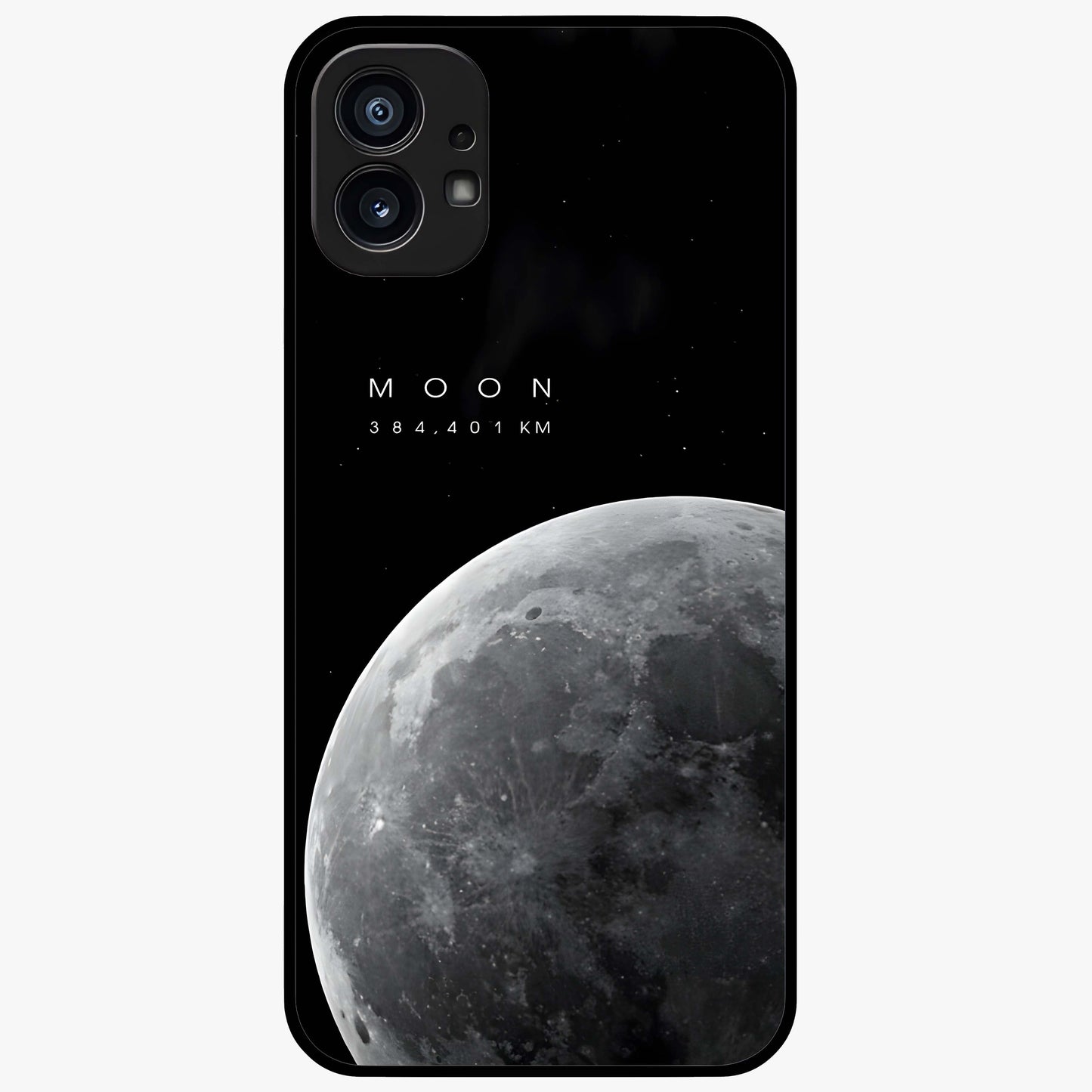 Cosmic Moon Glow Glass Case showing flat back view with glowing moon artwork and glossy glass finish.