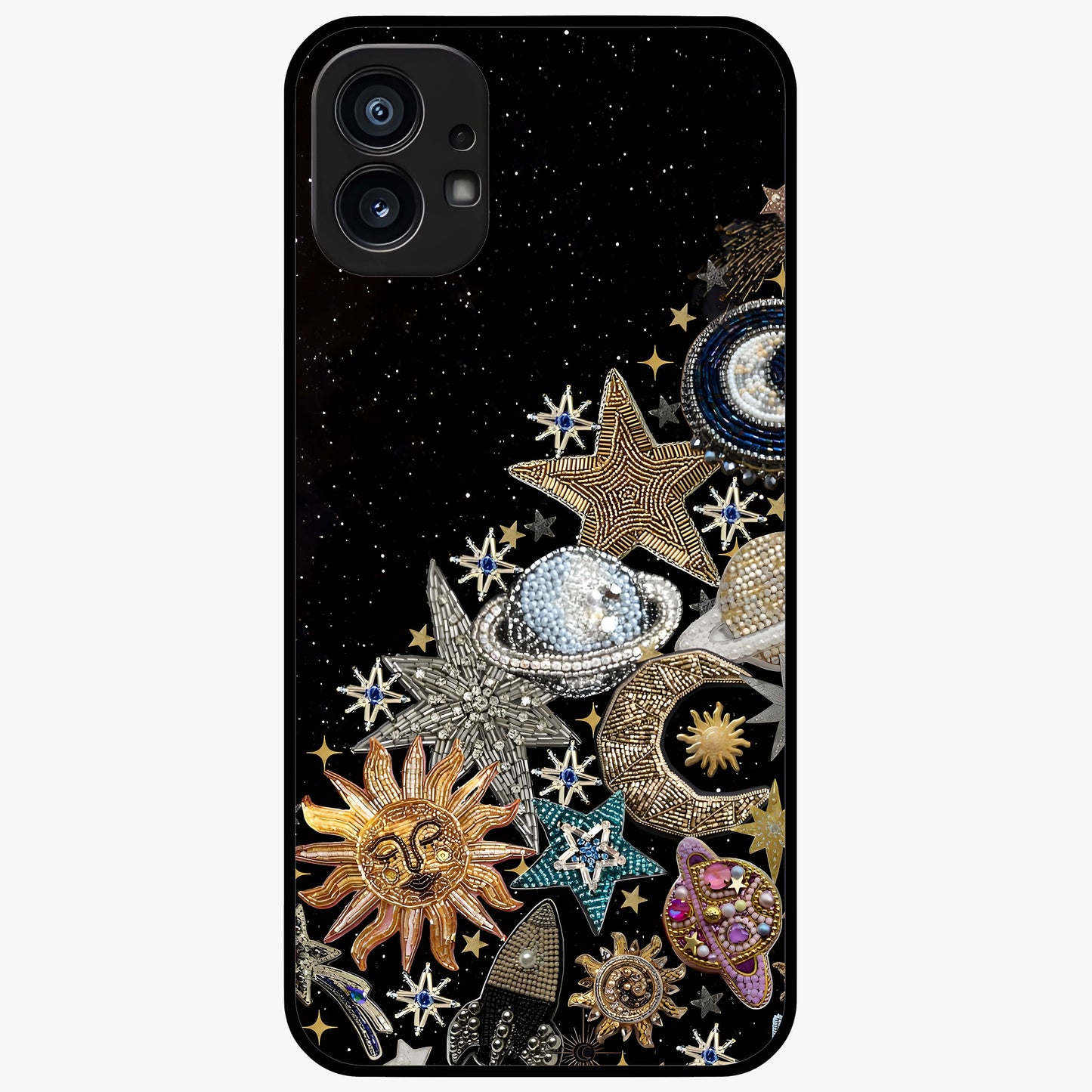 Cosmic Sparkle Dreams Glass Case showing flat back view with sparkling cosmic artwork and glossy glass finish.