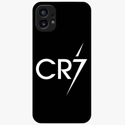 Cr7 Elite Strike Glass Case showing flat back view with dynamic football inspired artwork and glossy glass finish.