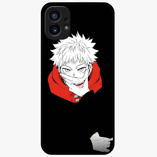 Crimson Chaos Smile Glass Case showing flat back view with bold chaotic smile artwork and glossy glass finish.