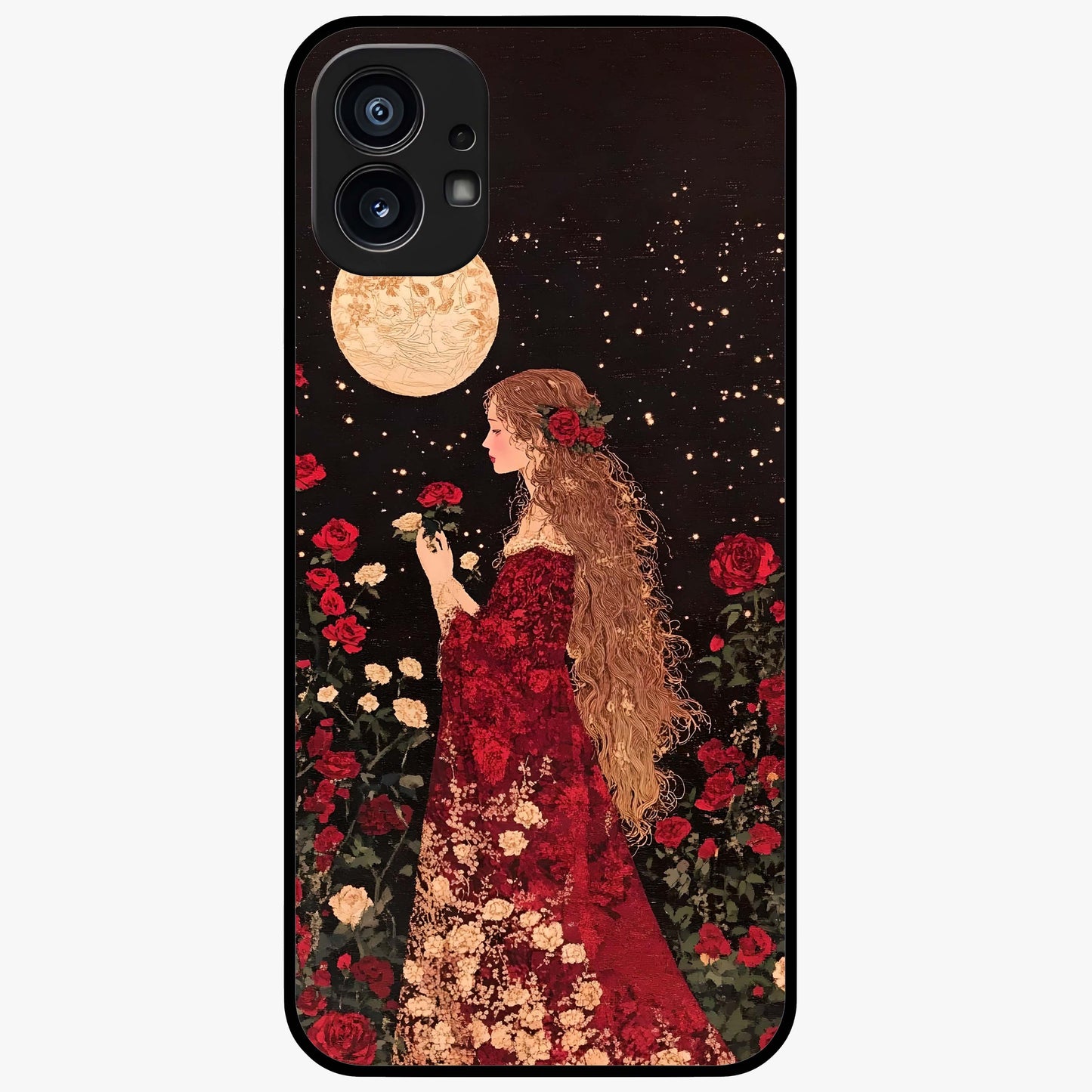 Crimson Dreams Glass Case showing flat back view with dreamy crimson artwork and glossy glass finish.