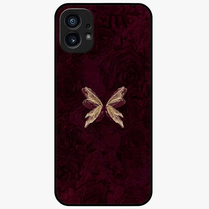 Crimson Fade Butterfly Glass Case showing flat back view with fading butterfly artwork and glossy glass finish.