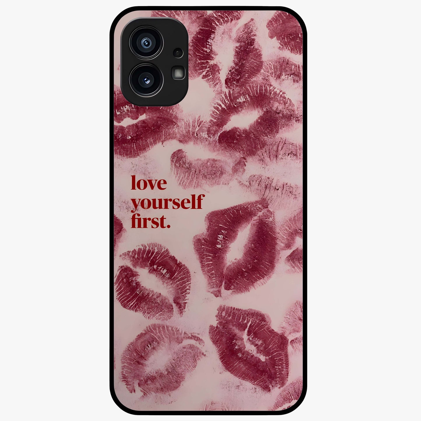 Crimson Kiss Love Glass Case showing flat back view with romantic crimson themed artwork and glossy glass finish.