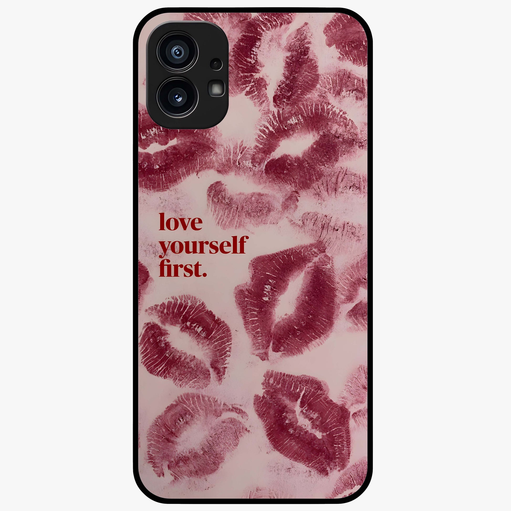 Crimson Kiss Love Glass Case showing flat back view with romantic crimson themed artwork and glossy glass finish.