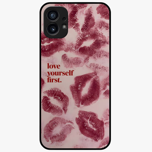 Crimson Kiss Love Glass Case showing flat back view with romantic crimson themed artwork and glossy glass finish.