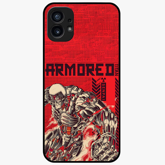 Crimson Mecha Titan Glass Case showing flat back view with powerful mech titan artwork and glossy glass finish.