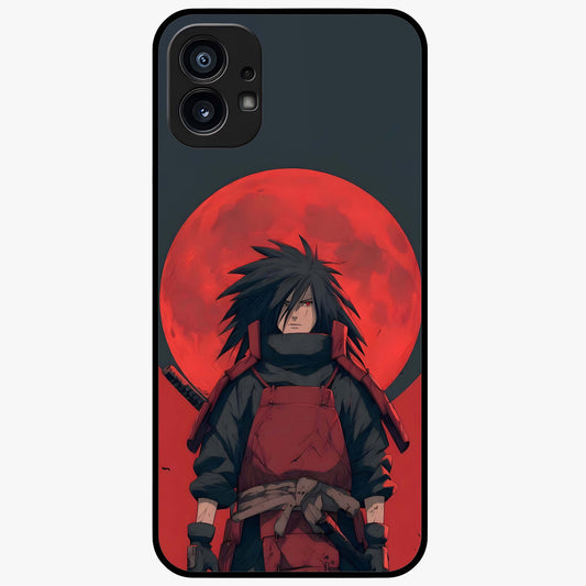 Crimson Moon Warlord Glass Case showing flat back view with mystical moon warrior artwork and glossy glass finish.