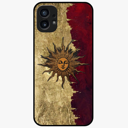 Crimson Sun Majesty Glass Case showing flat back view with radiant sun inspired artwork and glossy glass finish.