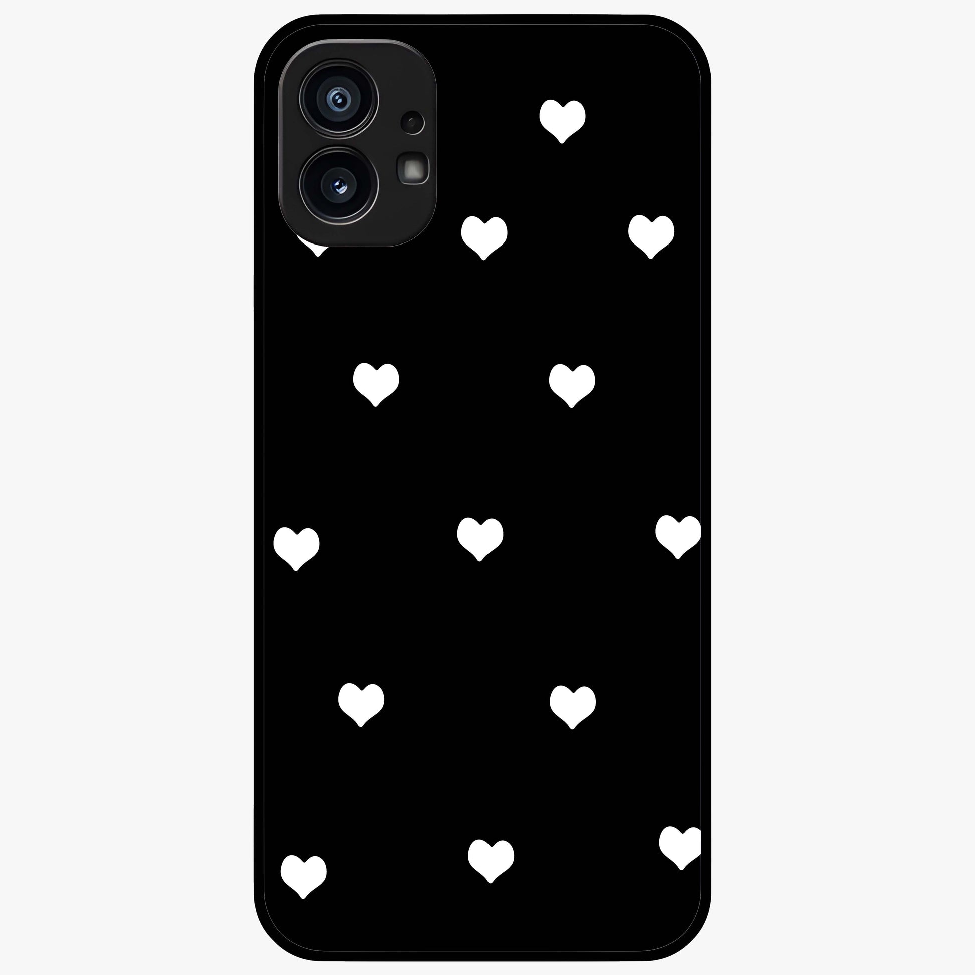 Cute And Simple White Hearts Glass Case showing flat back view with minimal white heart pattern and glossy glass finish.