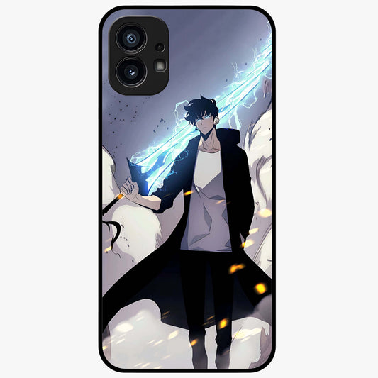 Dark Lightning Anime Warrior Glass Case showing flat back view with intense anime warrior artwork and glossy glass finish.