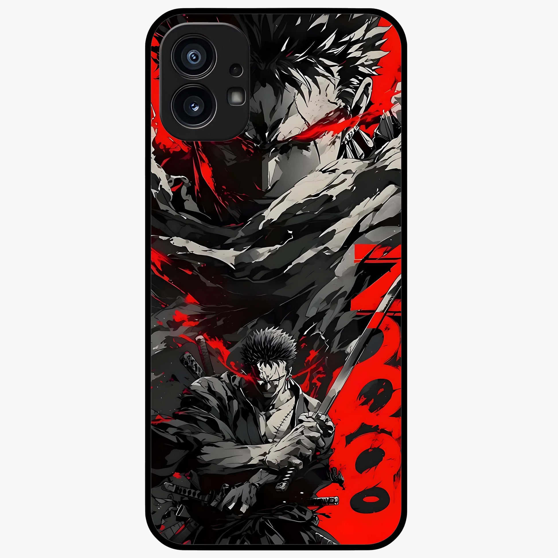 Demon Sword Resolve Glass Case showing flat back view with fierce sword warrior artwork and glossy glass finish.